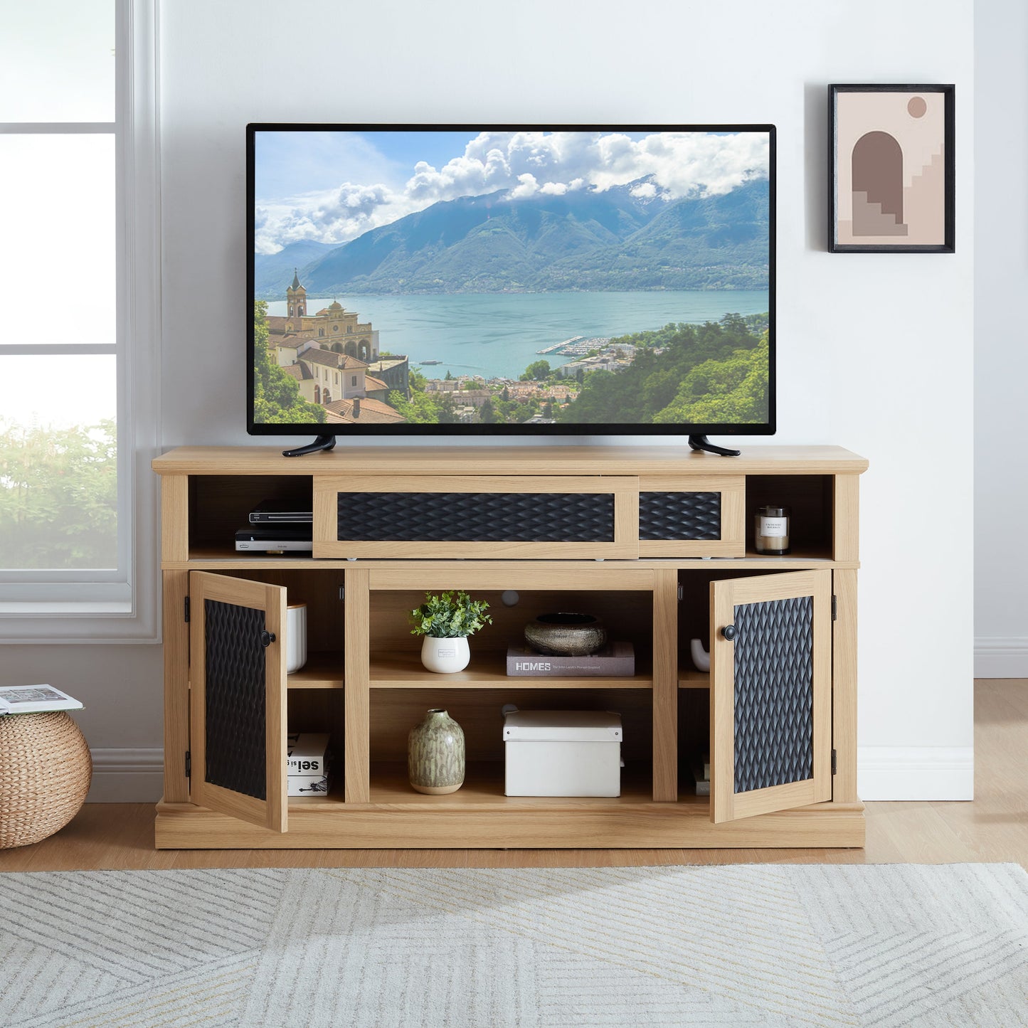 Embossed Pattern TV Stand, TV and Media Console with Open and Closed Storage Space and sliding door for Living Room & Bedroom, LIGHT OAK, 58.27'W*15.35'W*31.7H
