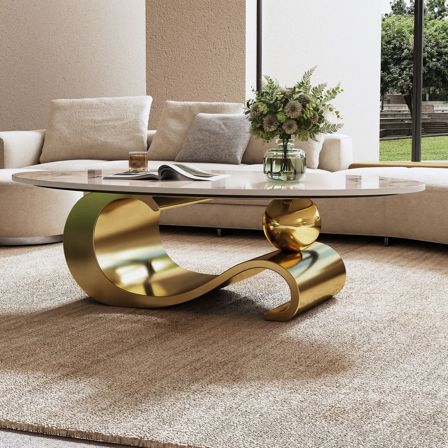 49.2' Faux Marble Oval Coffee Table, Contemporary Gold Stainless Steel Base, Modern Center Table for Living Room