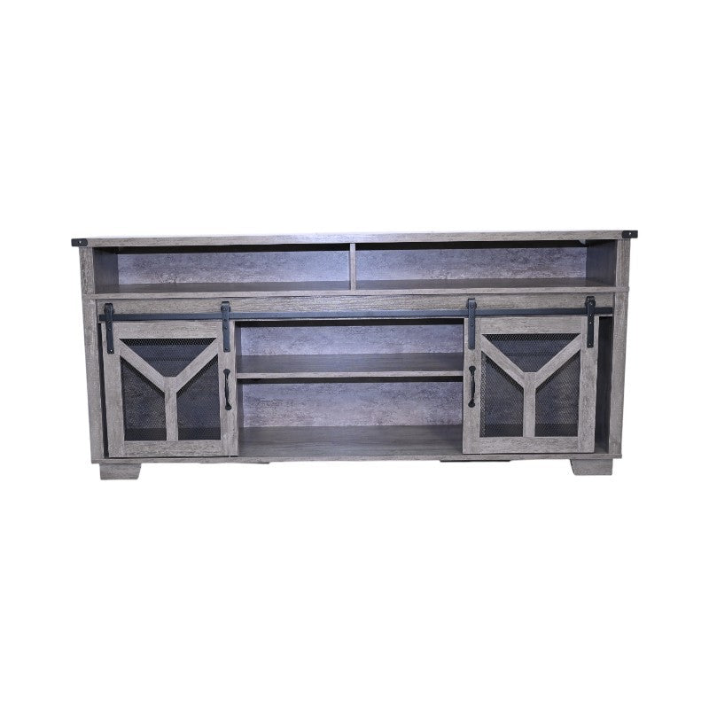 65.3' TV Stand with LED light strips and Iron mesh barn door Y decorative strip country grey farmhouse style