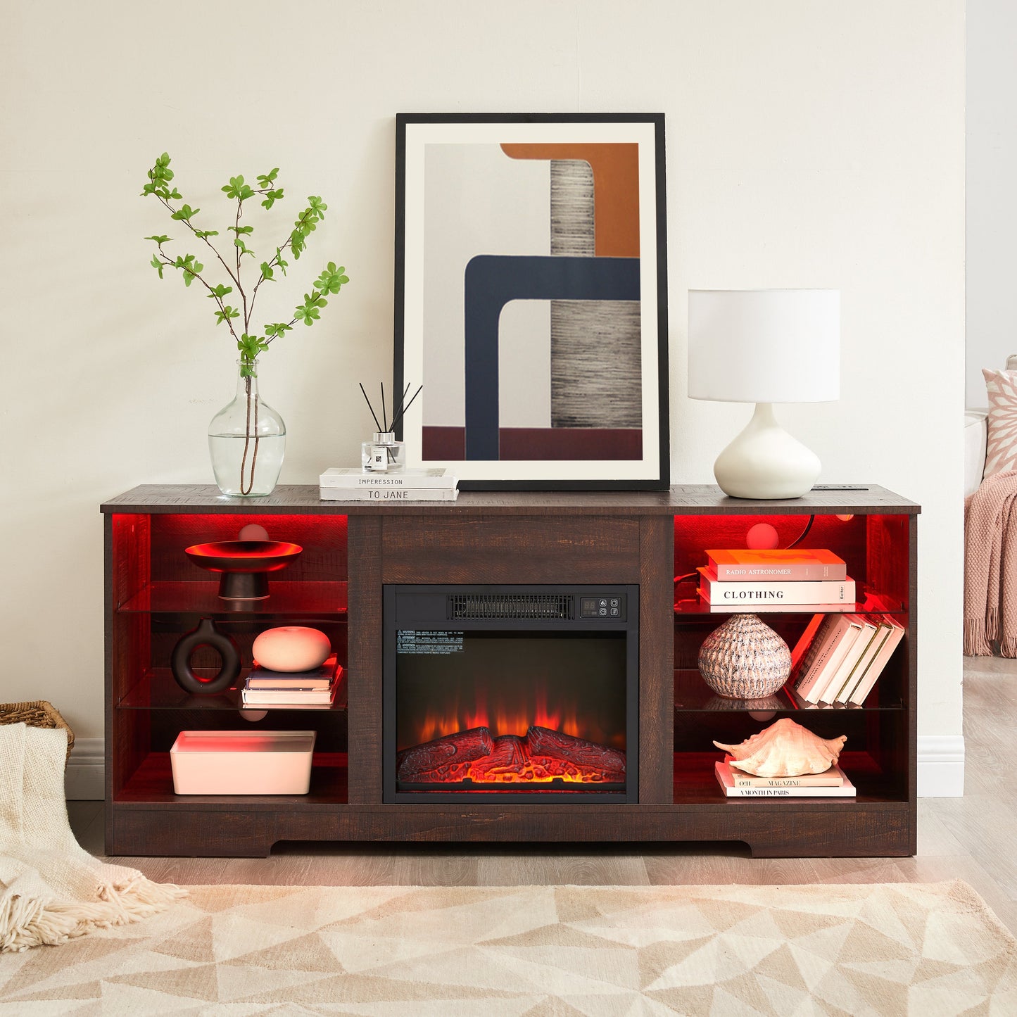 TV Stand Electric Fireplace Glass Shelves, 3D Fireplace TV Stand with LED Lights Wood with USB Charging Outlet Modern Television Table Center for TV up to 62' ESP, 58''W*15.5''D*24.4