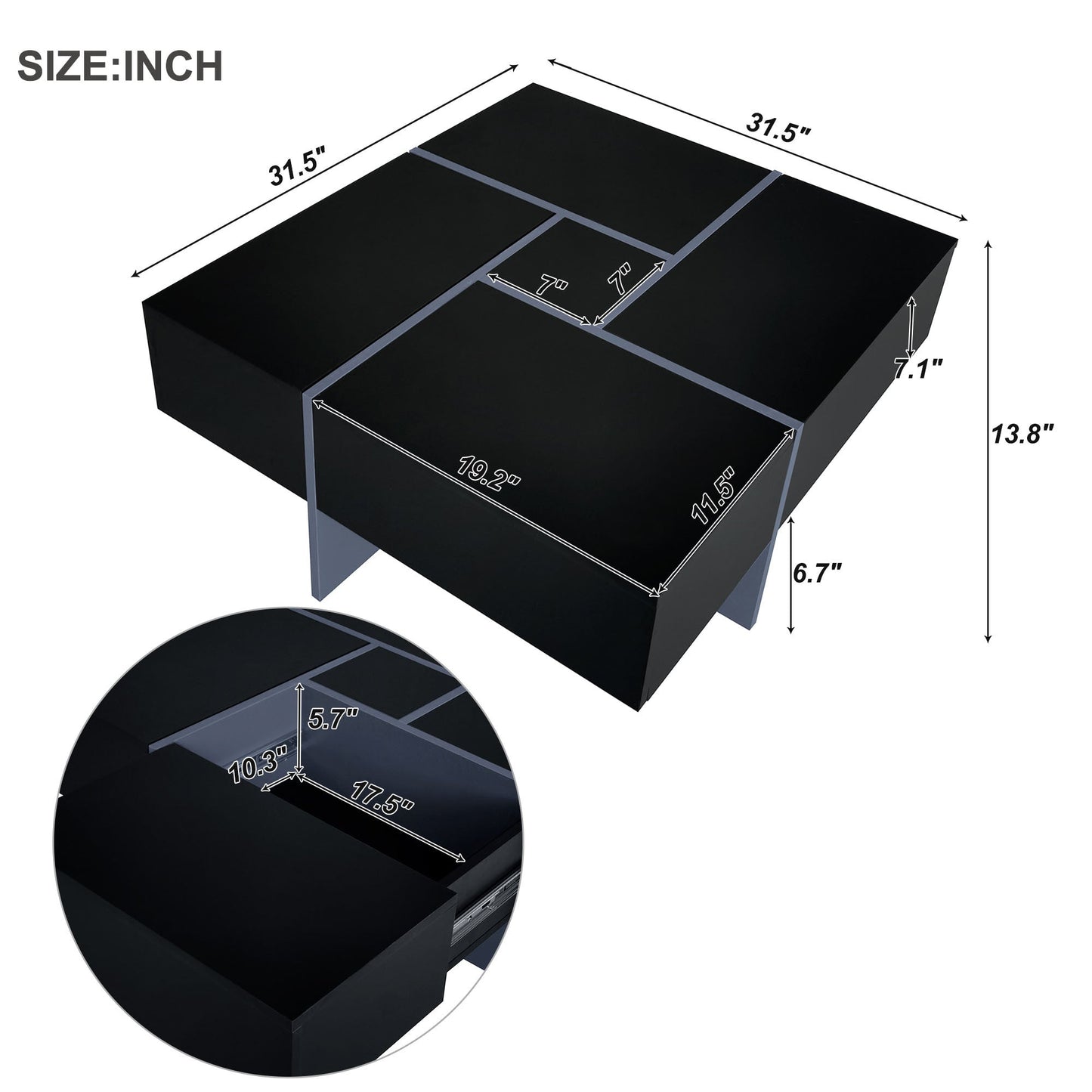 ON-TREND Unique Design Coffee Table with 4 Hidden Storage Compartments, Square Cocktail Table with Extendable Sliding Tabletop, UV High-gloss Design Center Table for Living Room, 31.5'x 31.5'