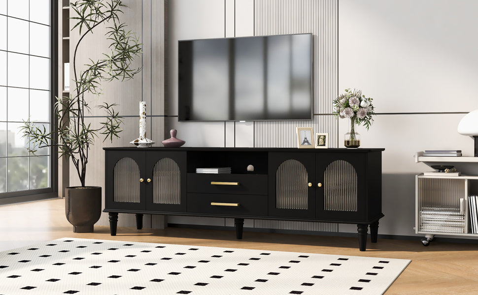 U-Can 68.9'' Retro TV Stand for TVs up to 75 Inches, Entertainment Center Media Console with Fluted Glass Doors and Five Solid Wood Legs for Living room(OLD SKU:N724P198468B)