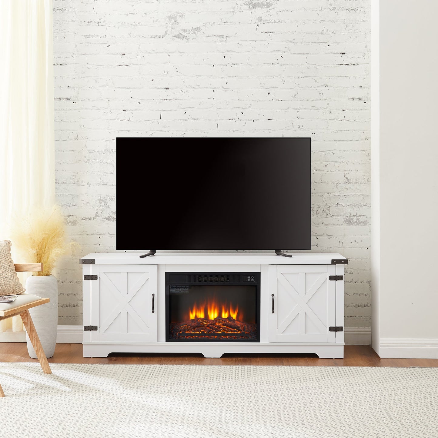 Modern Farmhouse TV Media Stand, Large Barn Inspired Home Entertainment Console, with 23' Fireplace Insert, for TV Up to 70'', with Open Shelves and Closed Cabinets, White, 64.8'W*15.67'D*24.29'H