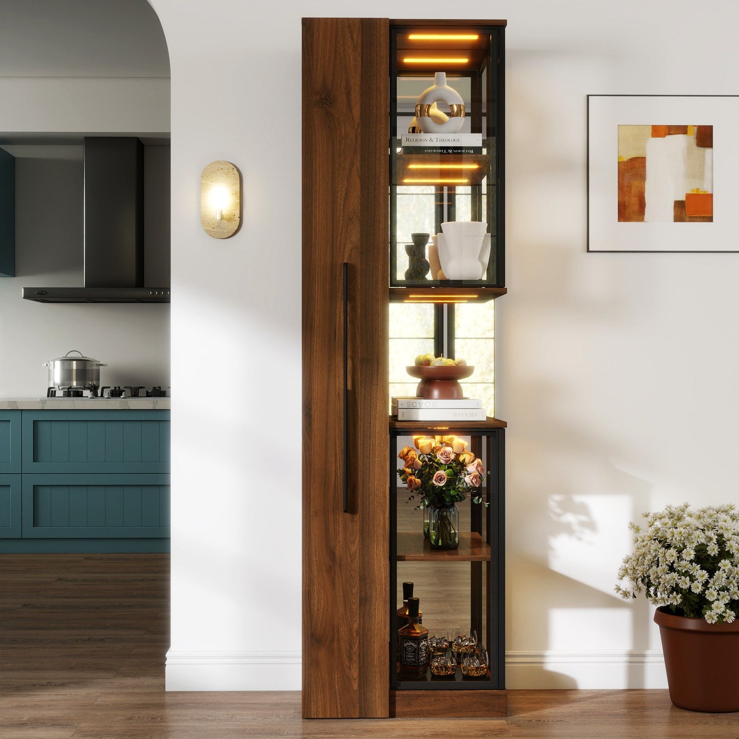 70' Display Cabinet with Glass Doors and Lights, with multi-functional pull-out multi-tier storage shelf , Wooden Display Storage Cabinets