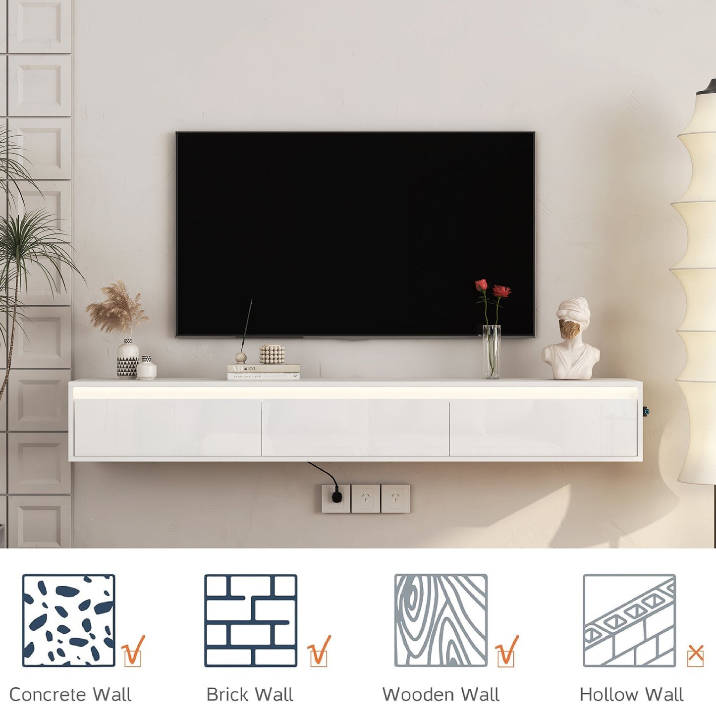Floating TV Stand, Wall Mounted TV Shelf with Led Lights & Power Outlet,High Gloss TV Cabinet for tv Stands for Living Room