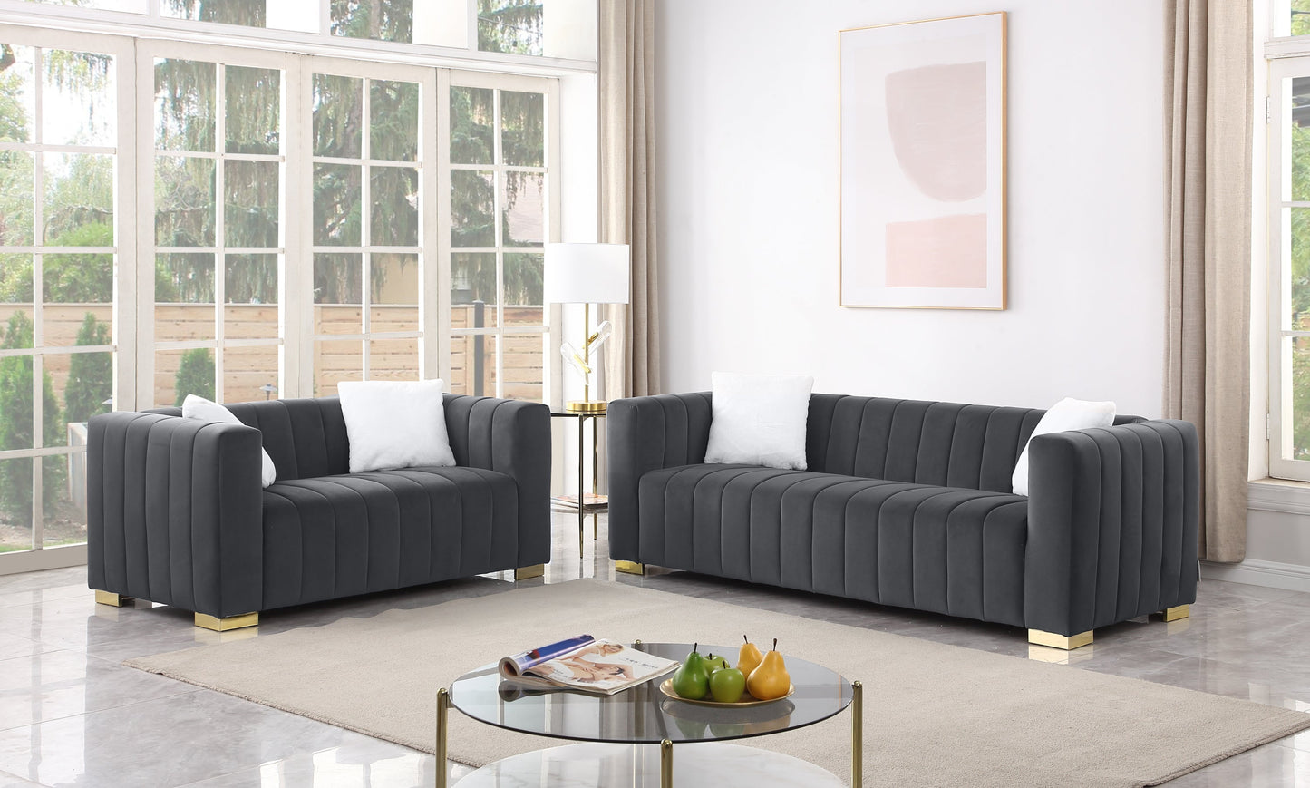 A modern channel sofa take on a traditional Chesterfield,Grey color,3 seater