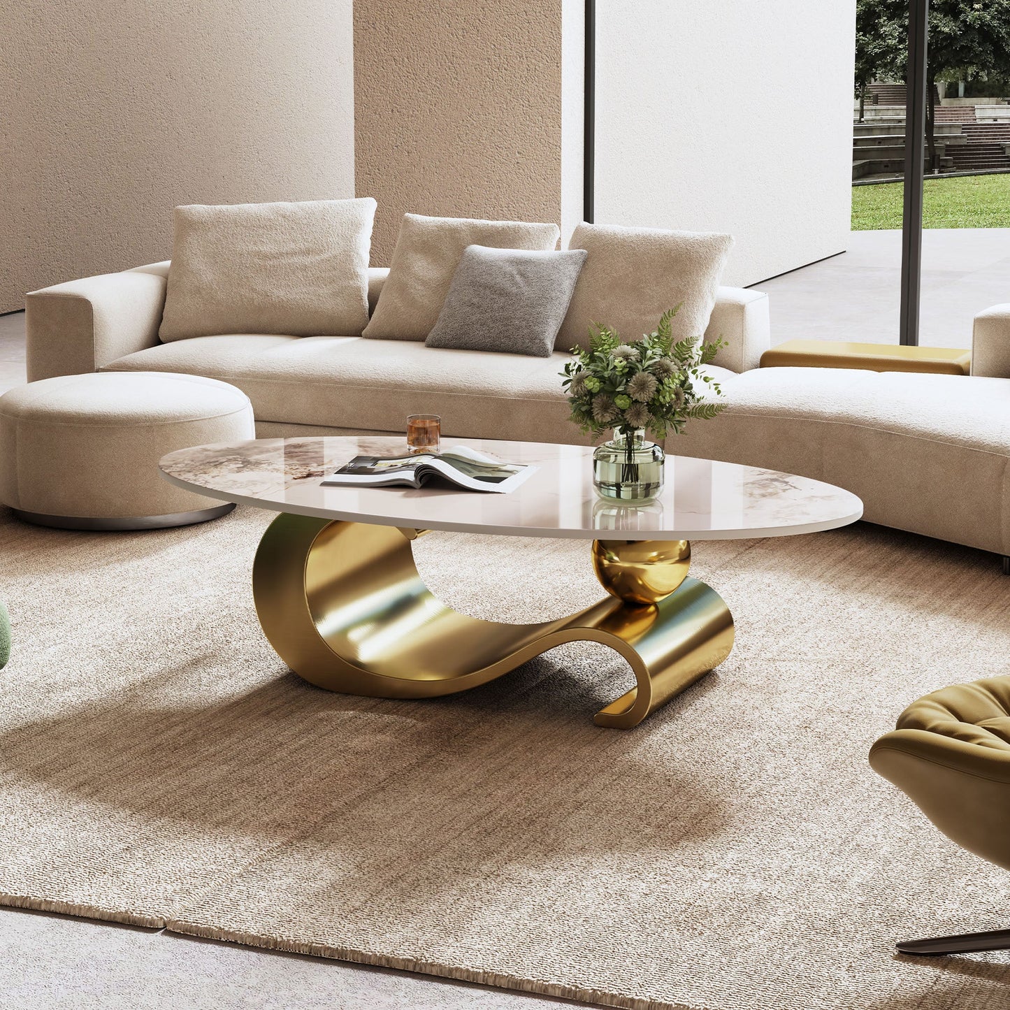 49.2' Faux Marble Oval Coffee Table, Contemporary Gold Stainless Steel Base, Modern Center Table for Living Room
