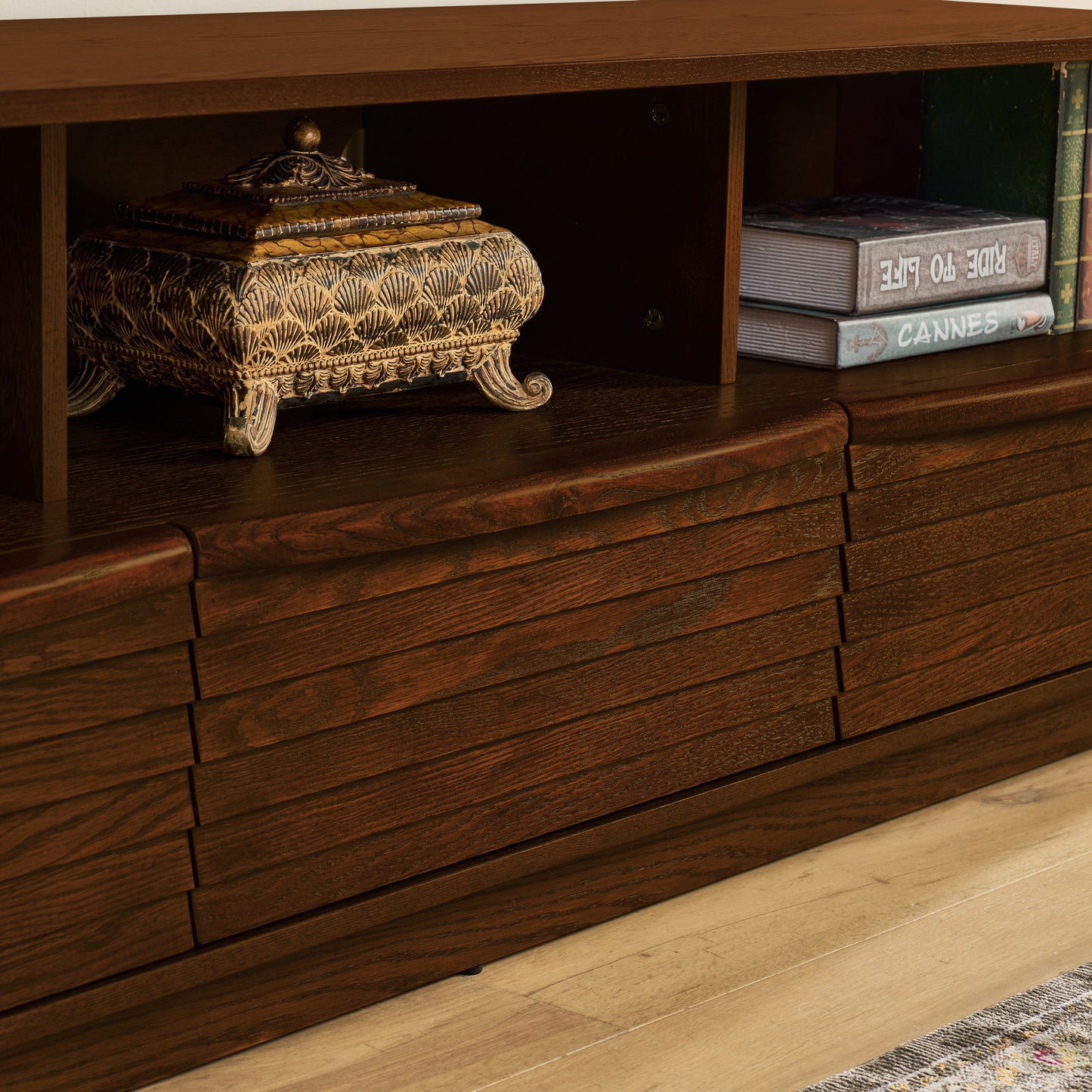63' Mid-Century Modern TV Stand for TVs up to 75', Thick Sturdy Farmhouse Entertainment Cabinet, Media Console for Living Room, Louver Design & Solid Wood Drawers & Outlet Holes, Walnut