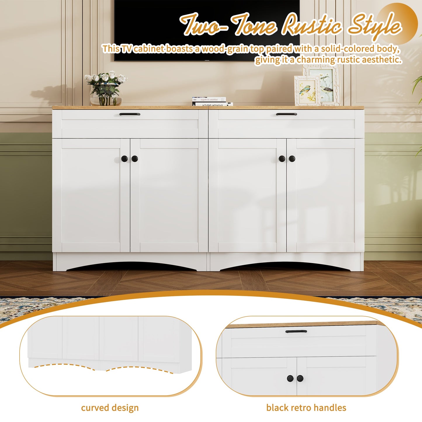 ON-TREND Farmhouse TV Stand with 2 Drawers for TVs Up to 70', Versatile Wood Grain Sideboard with Adjustable Shelves, Mid-Century Buffet Cabinet with Rustic Handles for Living Room/Bedroom, White