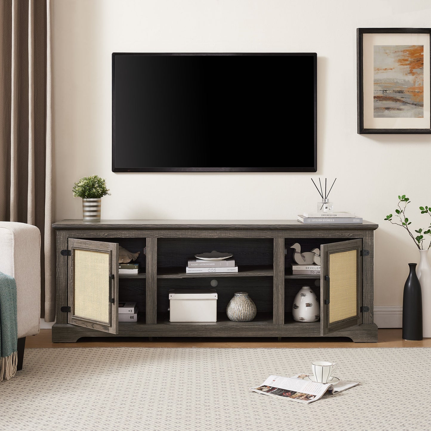 Farmhouse Rattan TV Stand Console Table for TVs up to 70 Inches, TV Console Table with 2 Storage Shelves, 2 Natural Rattan Door Cabinets, 65'W*15.55'D*23.86'H, Gray