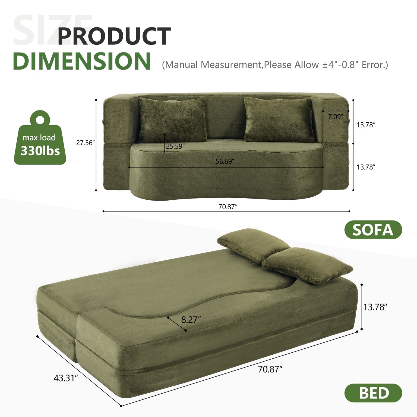 71-inch folding sofa bed, plush futon sofa bed, high-density foam convertible sofa bed, folding floor sofa bed for living room, guest room, bedroom, green