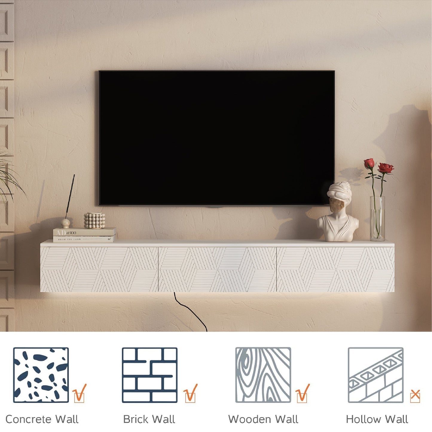 Floating TV Stand Wall Mounted with 16 Color LEDs,67' Modern TV Stand, Floating TV Cabinet Entertainment Center for 55 60 65 Inch TV,White