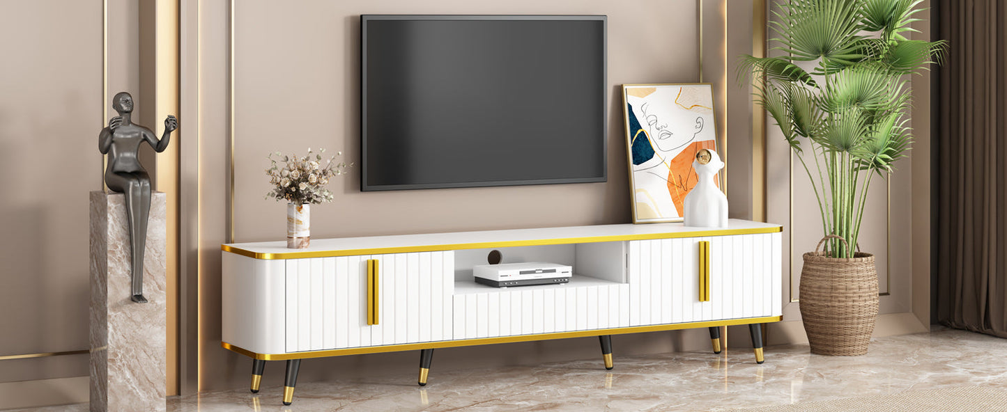 ON-TREND Luxury Minimalism TV Stand with Open Storage Shelf for TVs Up to 85', Entertainment Center with Cabinets and Drawers, Practical Media Console with Unique Legs for Living Room, White