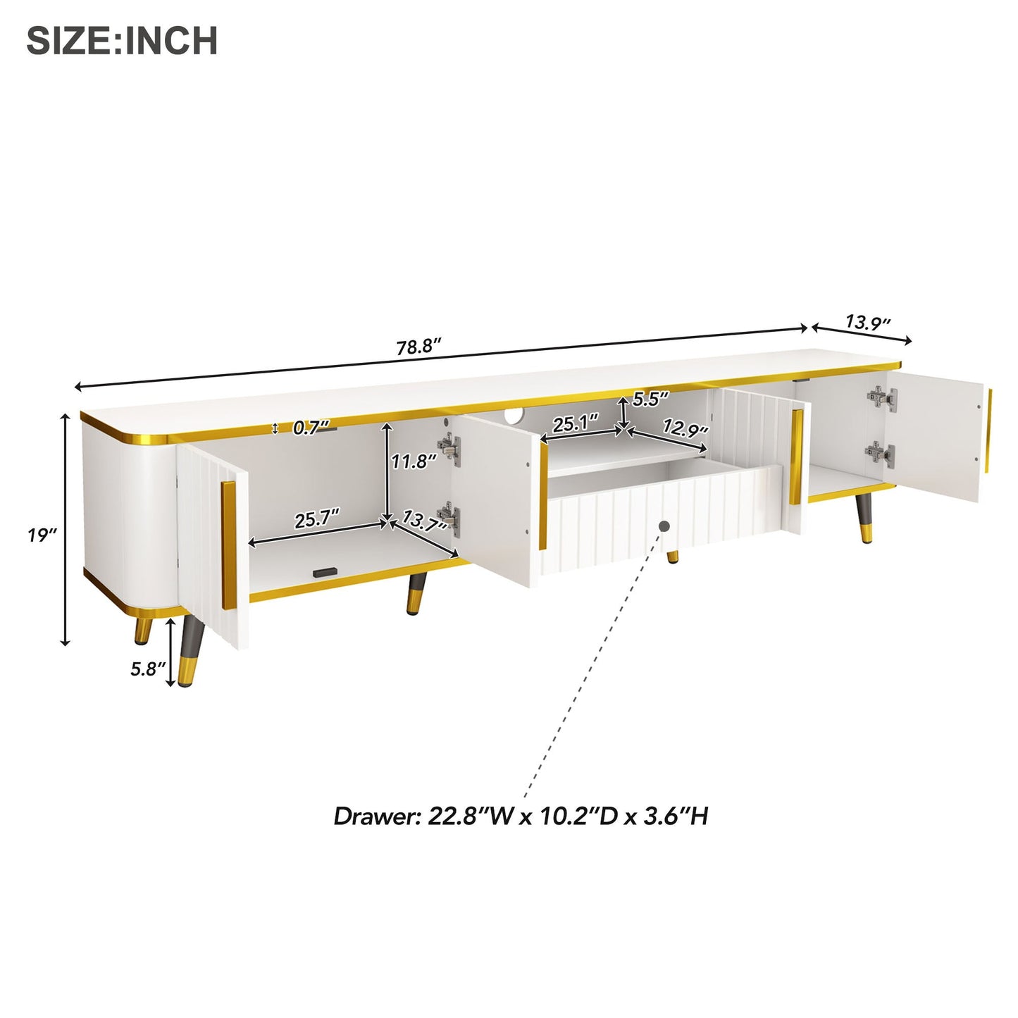ON-TREND Luxury Minimalism TV Stand with Open Storage Shelf for TVs Up to 85', Entertainment Center with Cabinets and Drawers, Practical Media Console with Unique Legs for Living Room, White