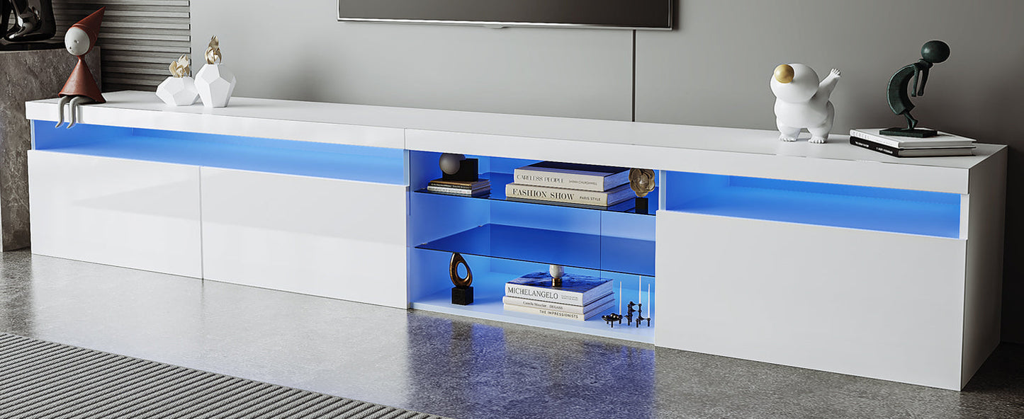 ON-TREND Unique Design TV Stand with 2 Glass Shelves, Ample Storage Space Media Console for TVs Up to 105', Versatile TV Cabinet with LED Color Changing Lights for Living Room, White