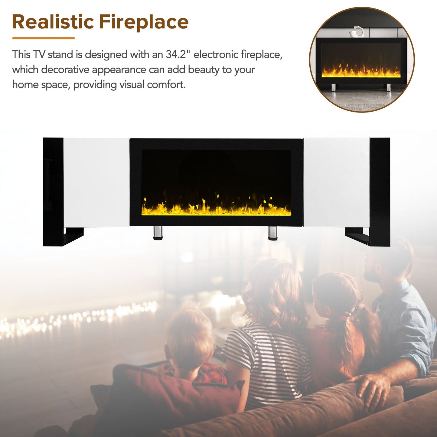ON-TREND Modern TV Stand with 34.2' Non-heating Electric Fireplace, High Gloss Entertainment Center with 2 Cabinets, Media Console for TVs up to 78', White