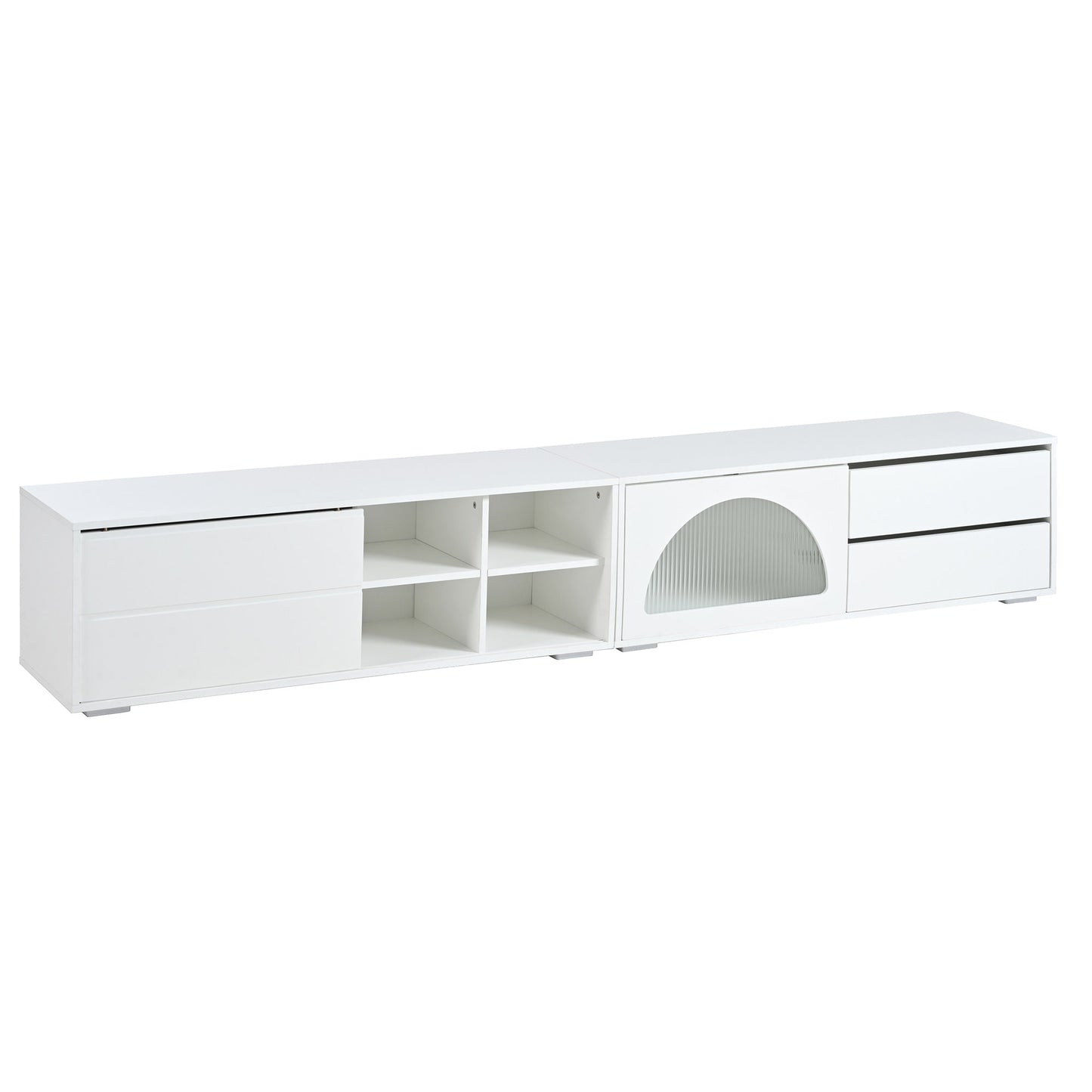 ON-TREND Modern TV Stand with Fluted Glass Door for TVs Up to 100', Media Console with Sliding Door & 2 Drawers, Free-Combination Entertainment Center with LED Light for Living Room, Bedroom, White