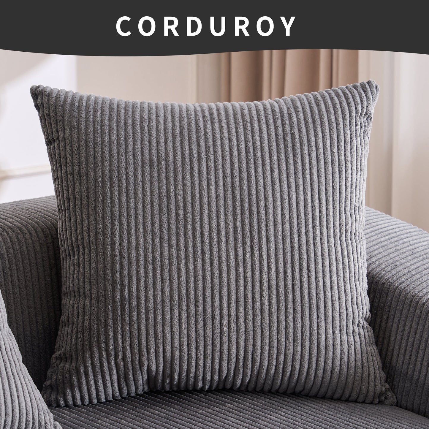 LY-023 Grey Compression Sofa: Corduroy Fabric, Chaise Longue and 3-Seater Combination with 4 Pillows