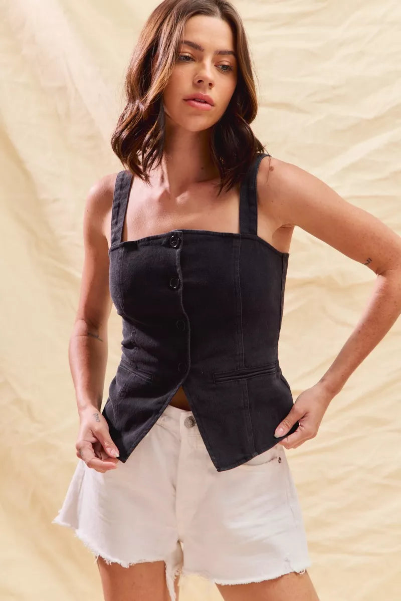 SO ME Button Down Sleeveless Game Day Fitted Denim Top - Lee's Retail