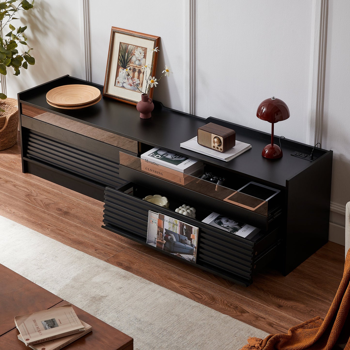 Mirod Modern TV Stand with Ample Storage,4 Drawer Design with Tempered Glass ,Built-in Charging Ports and Ambient LED Lighting ,Versatile for Any Decor Style