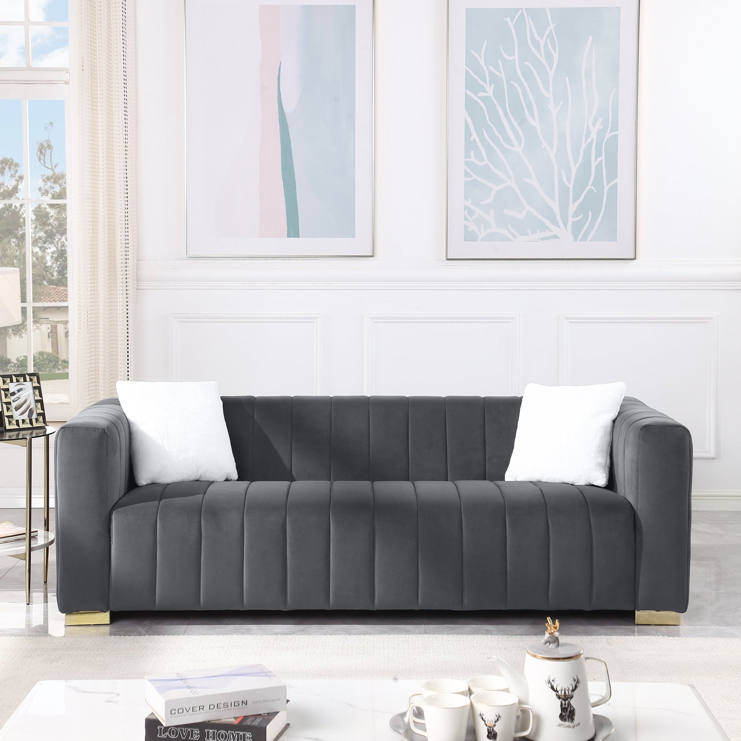 A modern channel sofa take on a traditional Chesterfield,Grey color,3 seater