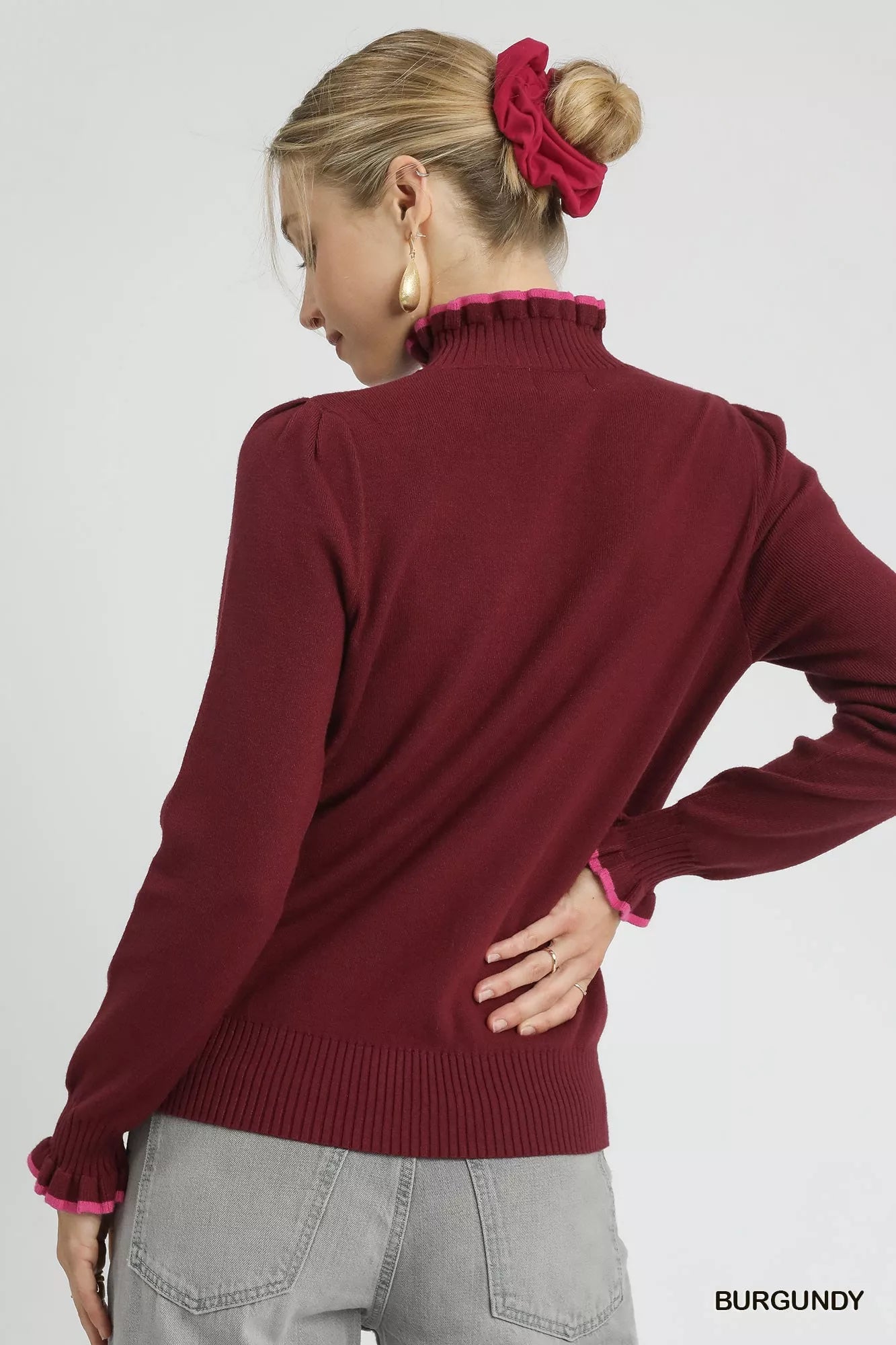 Umgee Ribbed Round Neck Sweater with Ruffle Contrast Trim - Lee's Retail