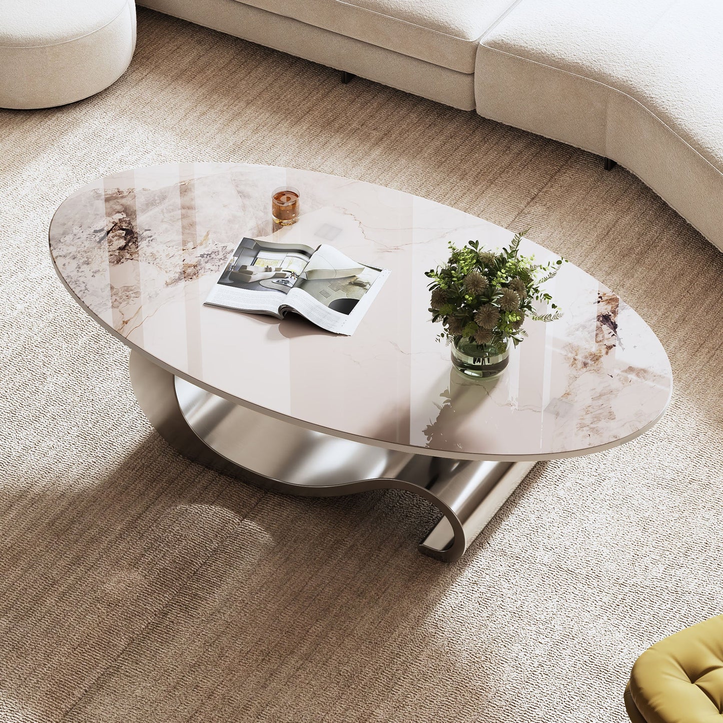 49.2' Faux Marble Oval Coffee Table, Contemporary Gray Stainless Steel Base, Modern Center Table for Living Room