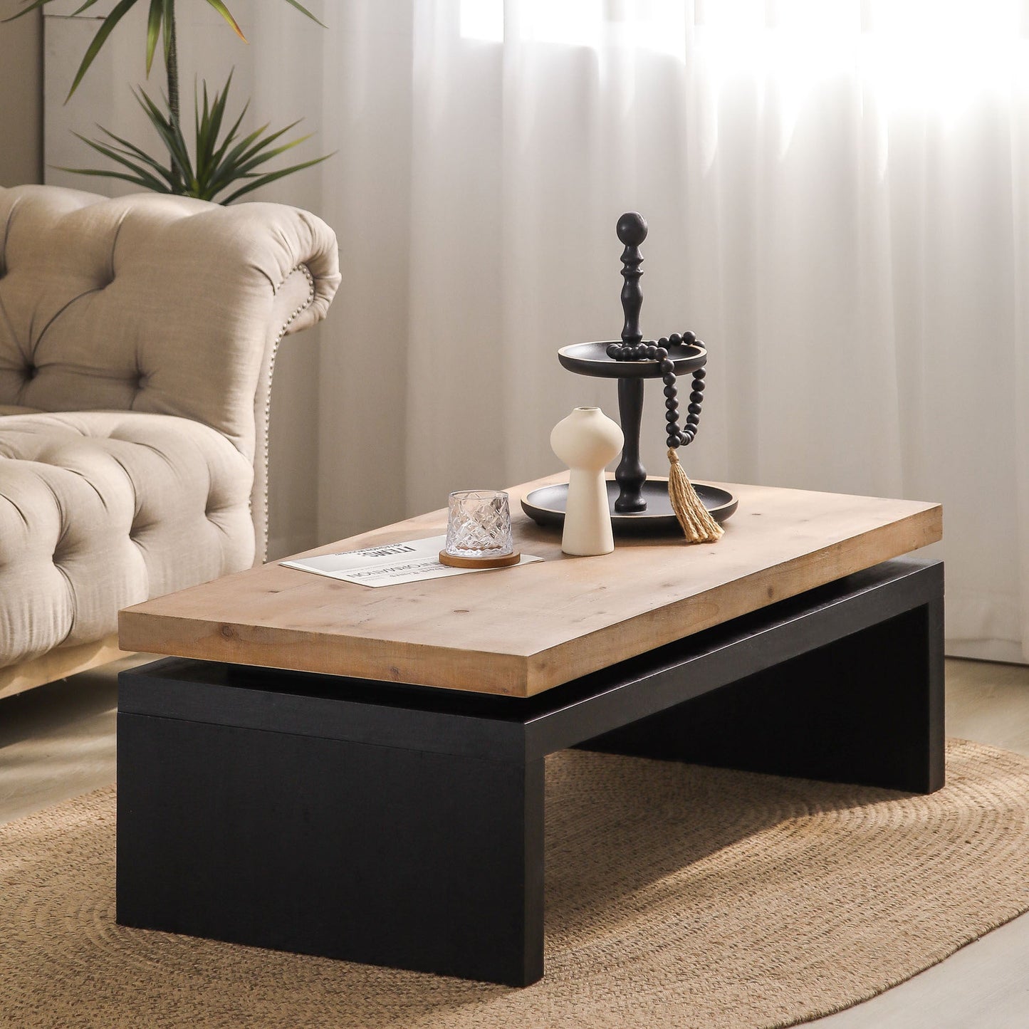 Modern Industrial Coffee Table – Two-Tone Wood Center Table with Floating Top Design 47.6' L * 23.6' W * 16.3' H