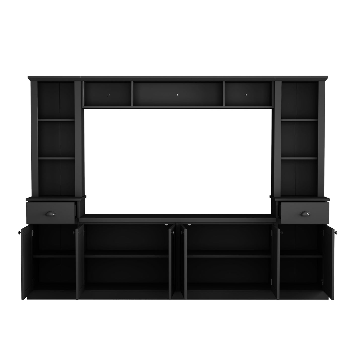 Minimalist Entertainment Wall Unit Set with Bridge for TVs Up to 75'', Ample Storage Space TV Stand with Adjustable Shelves, Modernist Large Media Console for Living Room, Black