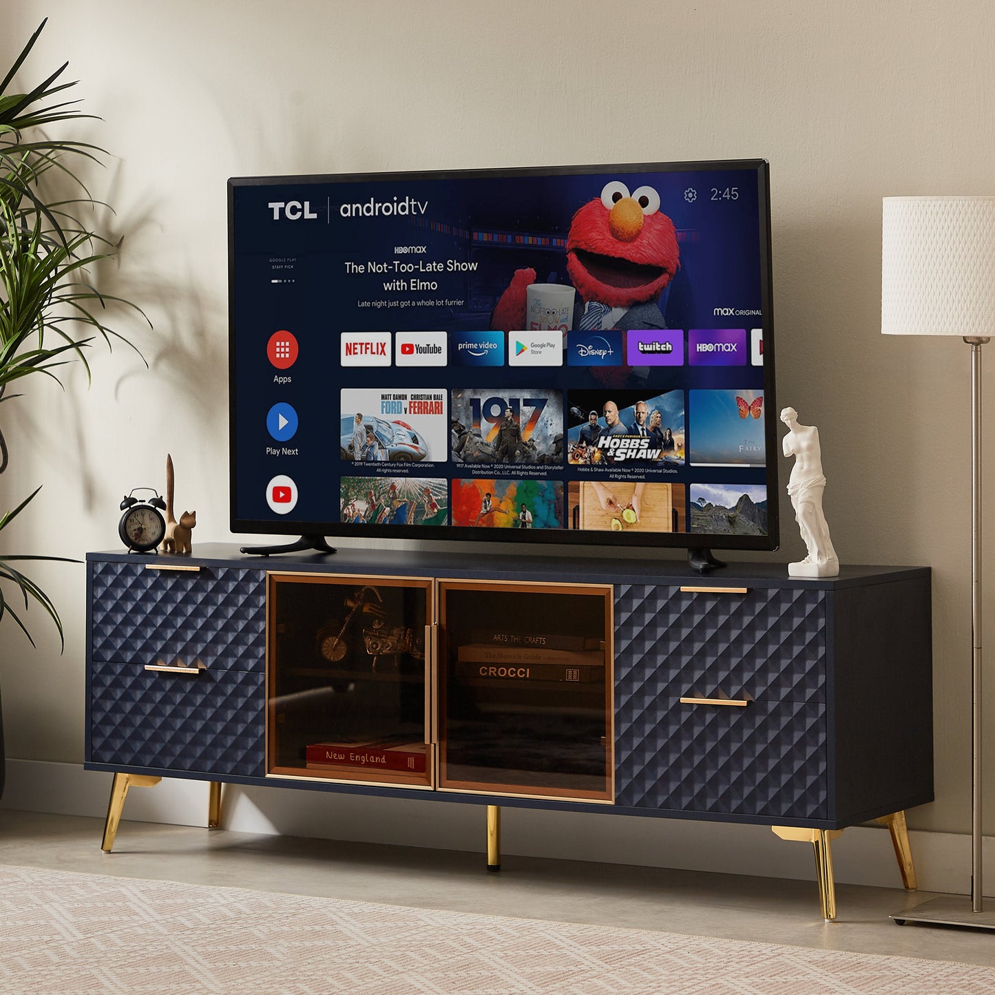 Deluxe Sculpted Modern Fashion Geometric Style TV Stand, Aluminum Frame Tempered Glass Door 4 Drawer Chest with Adjustable Metal Feet ,Dark Blue,59.9'L x 15.7'W x 21.7'H