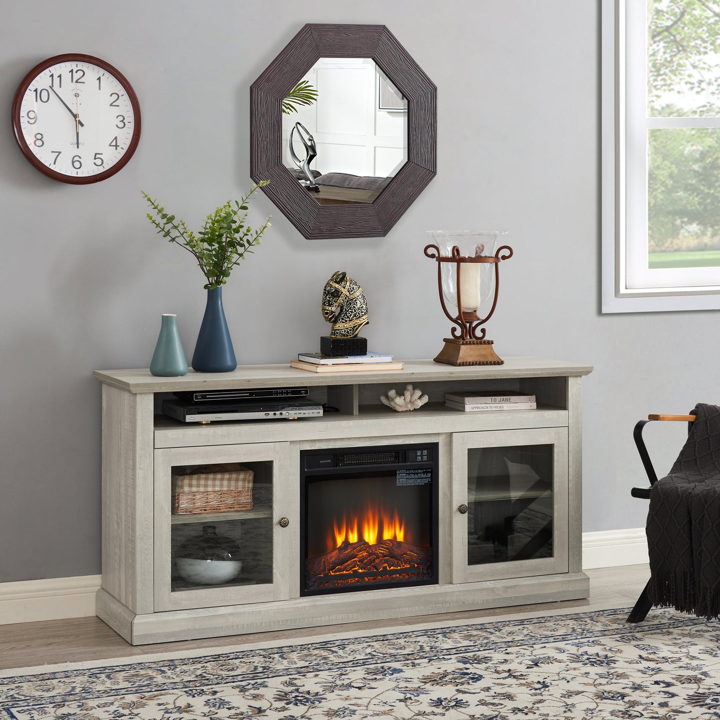 Contemporary TV Media Stand Modern Entertainment Console with 18' Fireplace Insert for TV Up to 65' with Open and Closed Storage Space, Stone Gray, 60'W*15.75'D*29'H