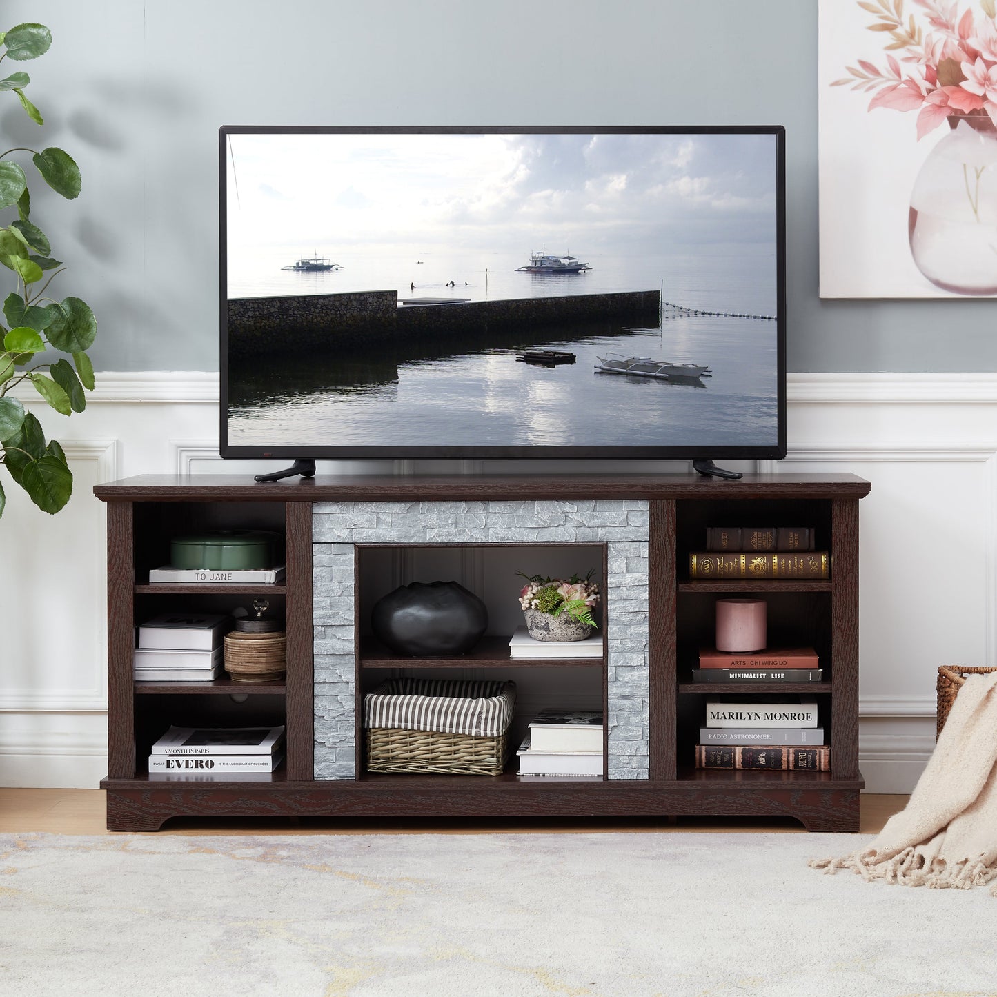 TV Media Stand with with Faux Stacked Stone Surround, Modern Entertainment Console with Open Storage Space, Cherry, 58.31'W*15.39'D*26.06'H