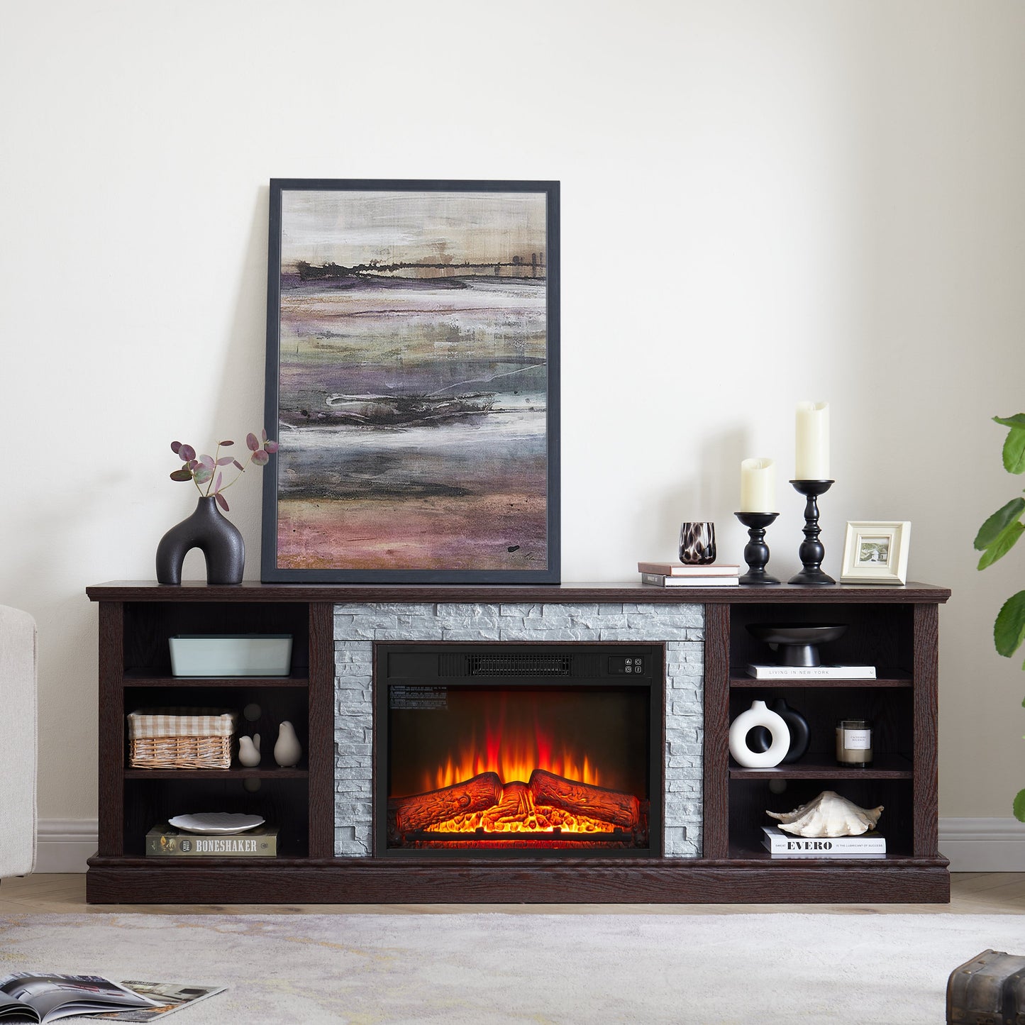 Large TV Desk Storage Rack with Faux Stacked Stone Surround,Media Console Table with Large Storage Cabinet,Modern TV Media Stand with 23' Fireplace Insert,Cherry, 70.12'W*15.35'D*25.83'H