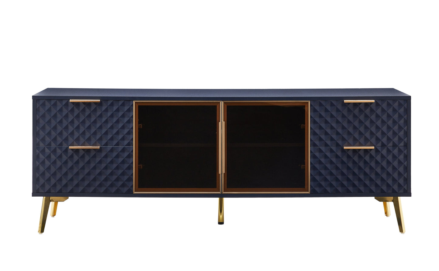 Deluxe Sculpted Modern Fashion Geometric Style TV Stand, Aluminum Frame Tempered Glass Door 4 Drawer Chest with Adjustable Metal Feet ,Dark Blue,59.9'L x 15.7'W x 21.7'H