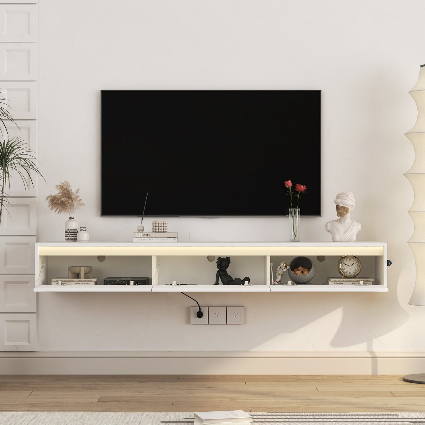 Floating TV Stand, Wall Mounted TV Shelf with Led Lights & Power Outlet,High Gloss TV Cabinet for tv Stands for Living Room