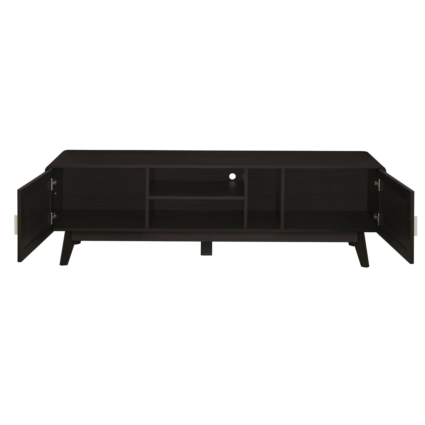 63'' Dark Rattan TV Stand with 2 Storage Cabinets for 65 Inch TV, Entertainment Center with Solid Wood Legs, Media Console Table for Living Room, Bedroom