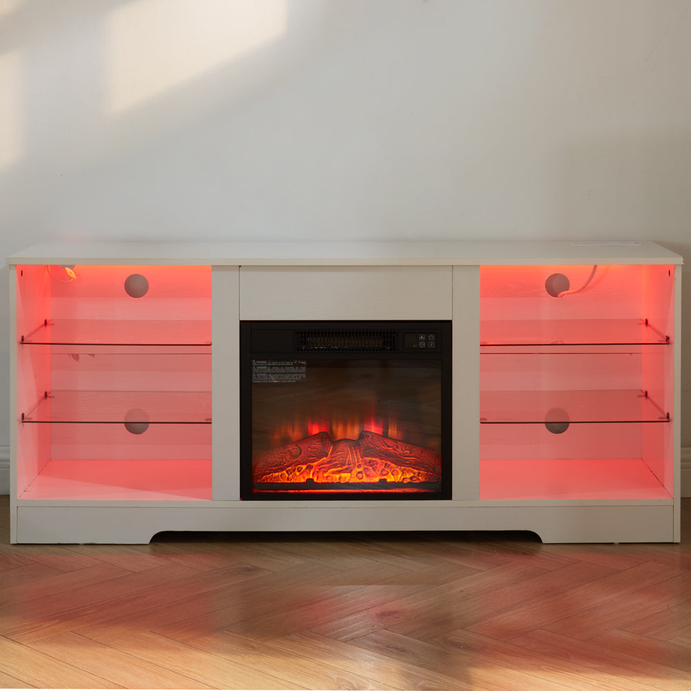 TV Stand Electric Fireplace TV Stand with Glass Shelves, 3D Fireplace TV Stand with LED Lights Wood with USB Charging Outlet Modern Television Table Center for TV up to 32-62' White 58''W*15.4''D*24.4