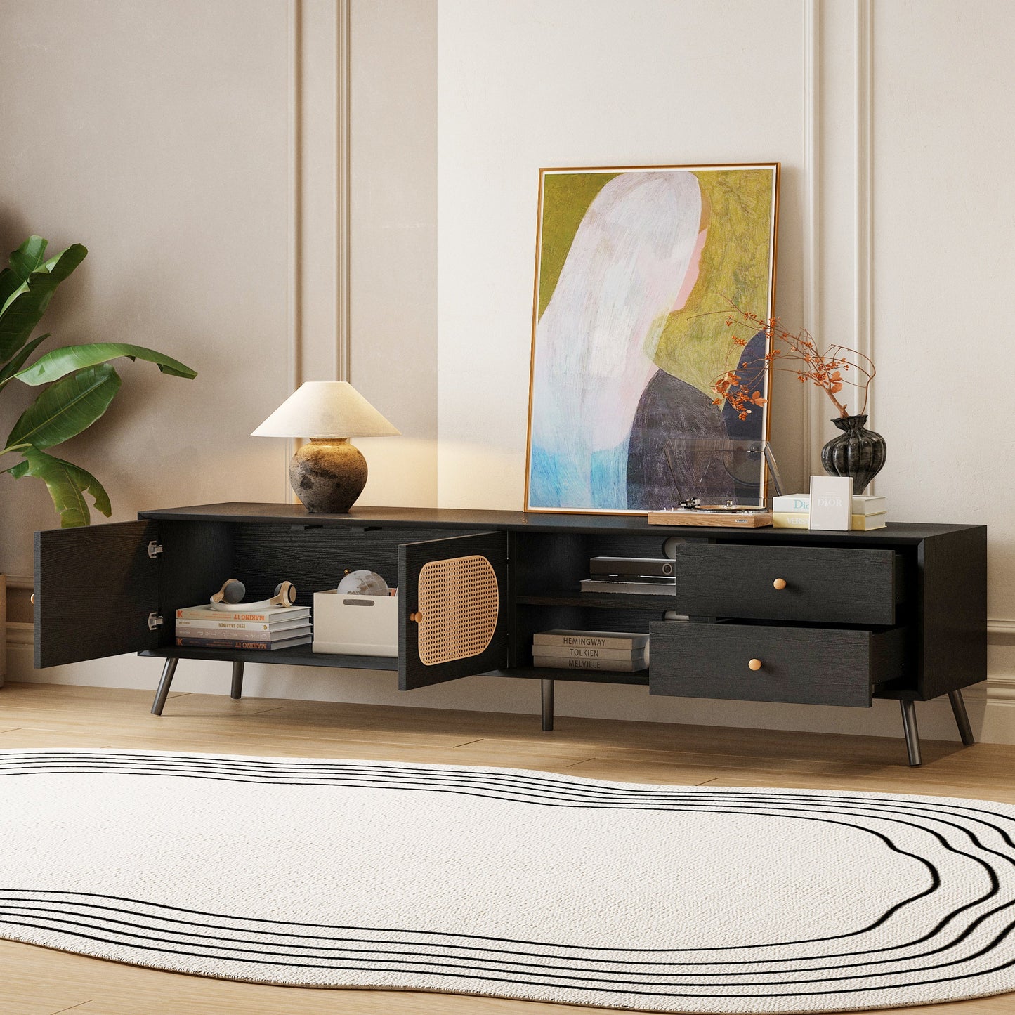 70' TV Stand for TVs up to 80 Inches, Mid Century Modern Entertainment Center with Rattan Doors, 2 Drawers, and Open Shelf, Television Stand for Living Room