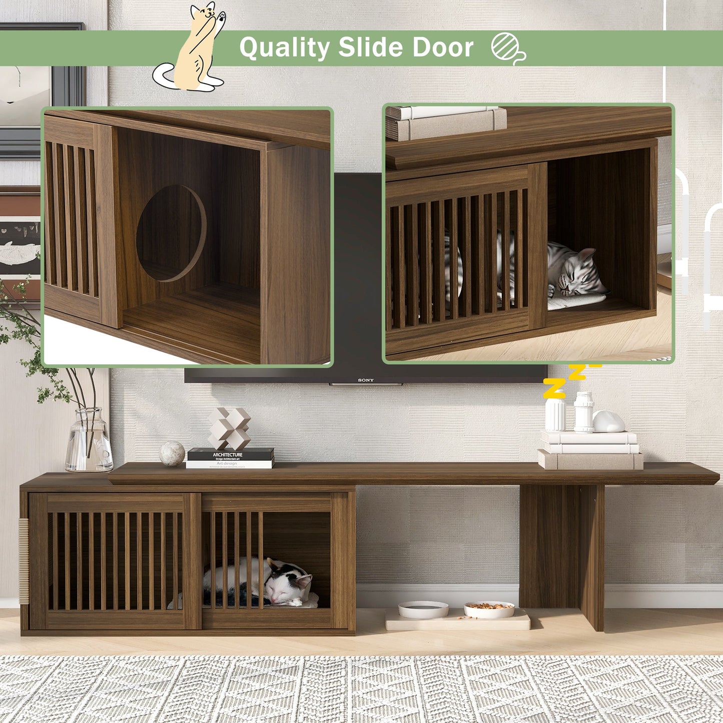 Mid-Century Modern 2 in 1 Cat Furniture Walnut TV Stand With Extendable table, Litter Box Enclosure with Cat Scratcher