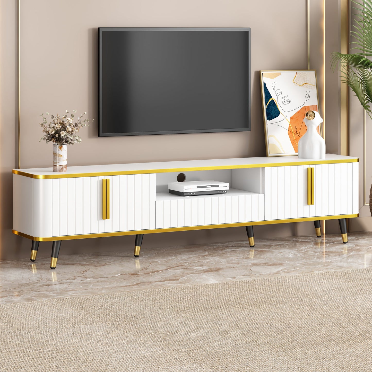 ON-TREND Luxury Minimalism TV Stand with Open Storage Shelf for TVs Up to 85', Entertainment Center with Cabinets and Drawers, Practical Media Console with Unique Legs for Living Room, White
