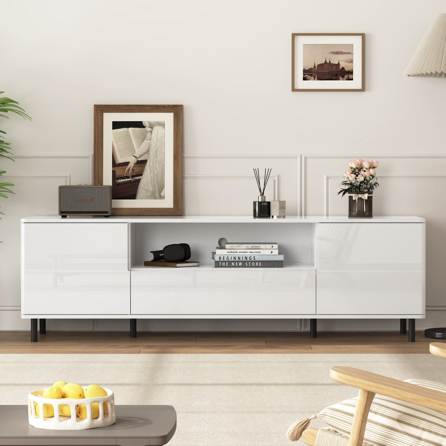 High Gloss Panel Modern TV Console, TV Stand, Entertainment Center with Storage Shelves,TV Cabinet for Living Room, Bedroom, Cloud White 63x15.74x19.68 inch