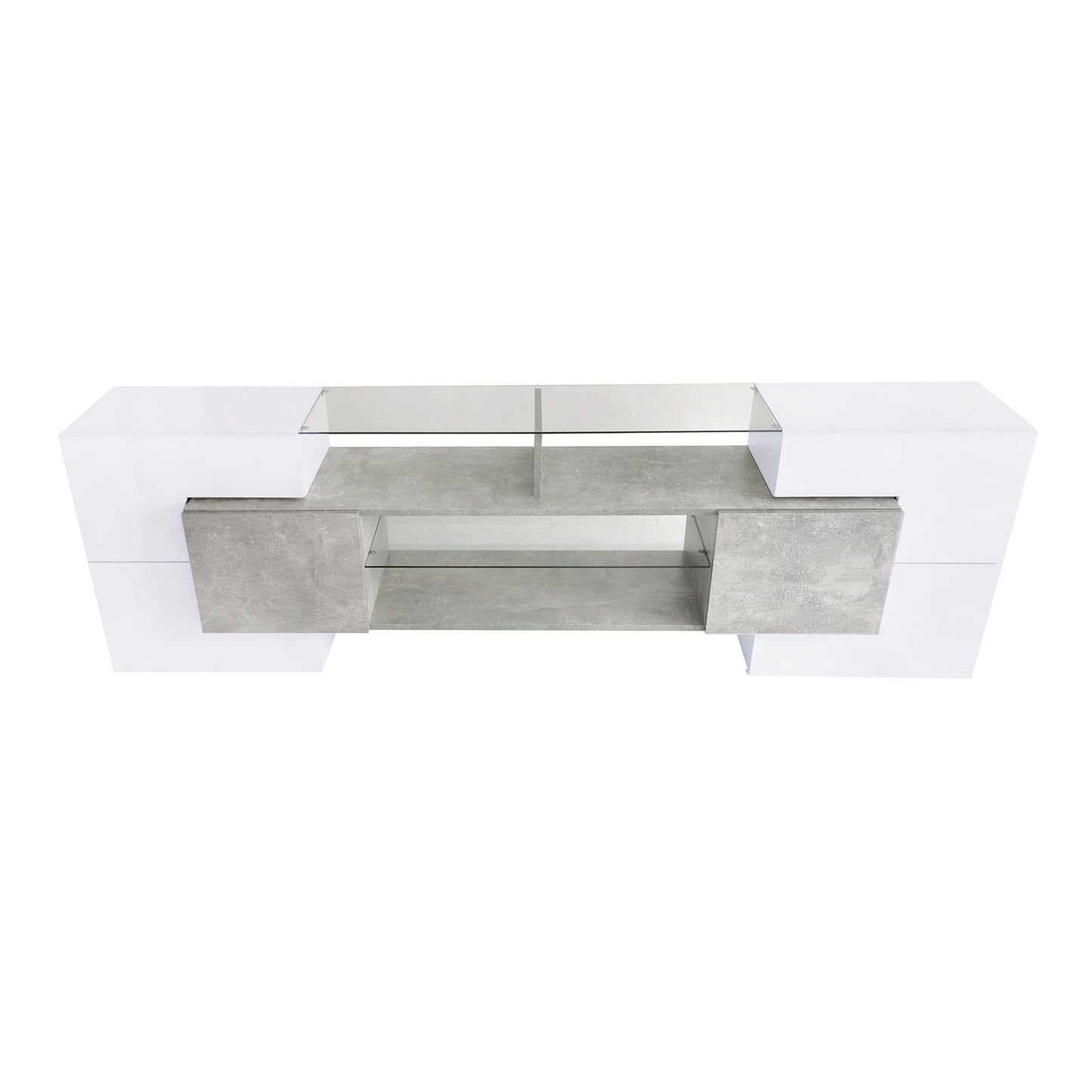ON-TREND Unique Shape TV Stand with 2 Illuminated Glass Shelves, High Gloss Entertainment Center for TVs Up to 88', Versatile TV Cabinet with LED Color Changing Lights for Living Room, Grey