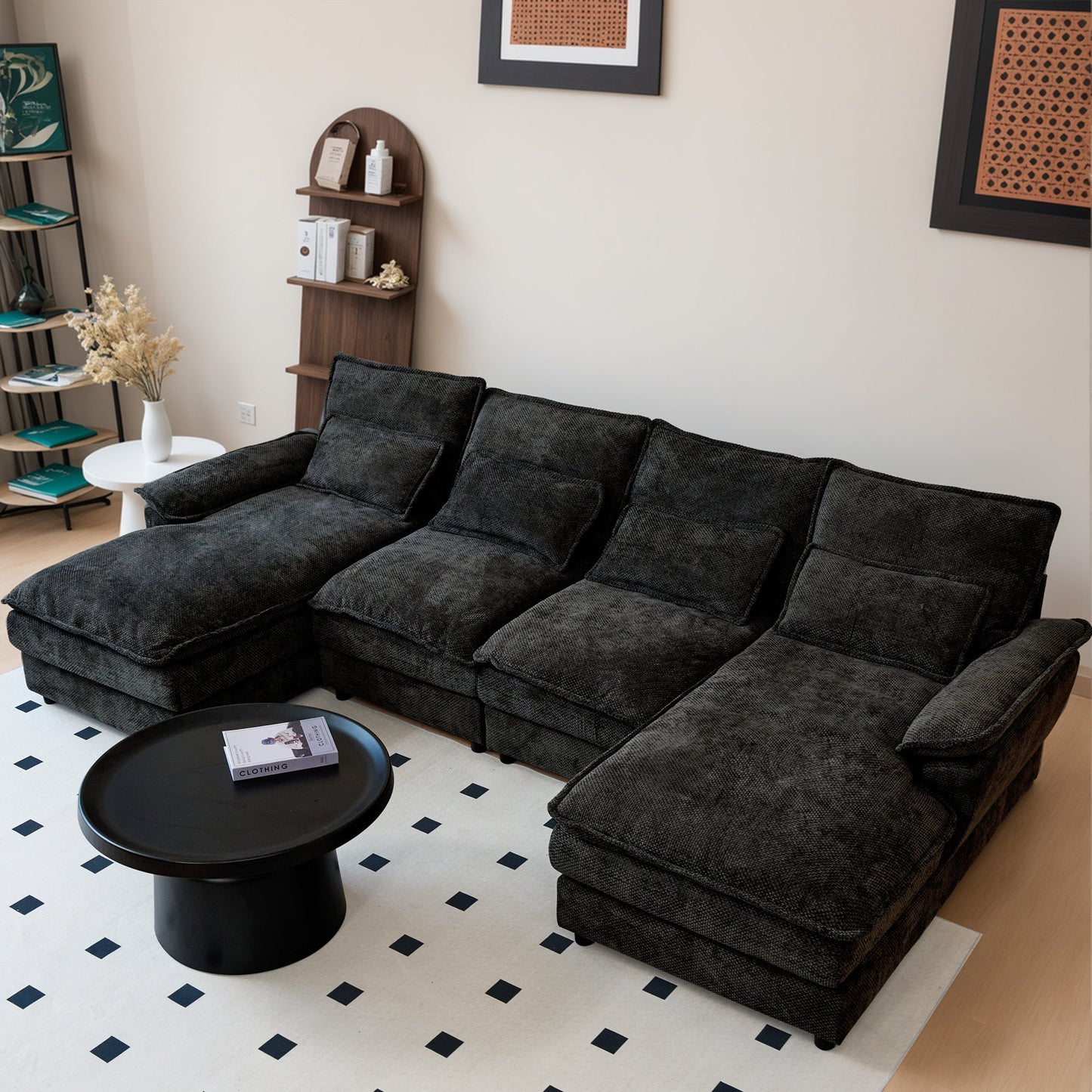 110' Modular Sectional Sofa Cloud Couch with Double Chaise Lounge , U Shaped Chenille Upholstered Leisure Sofa&Couches with Memory Foam and Waist Pillows for Living Room Office,Black.