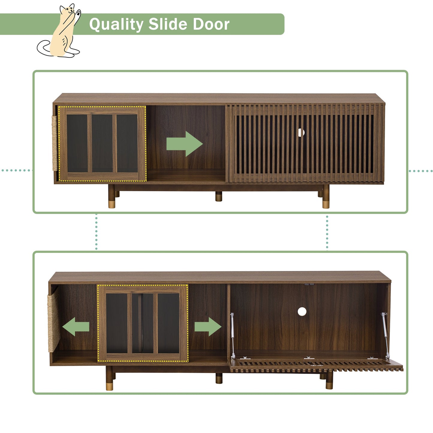 Mid-Century Modern style 2 IN 1 Cat Furniture Walnut TV STAND with Cat Scratcher, Cat house With Sliding Flip-down glass door