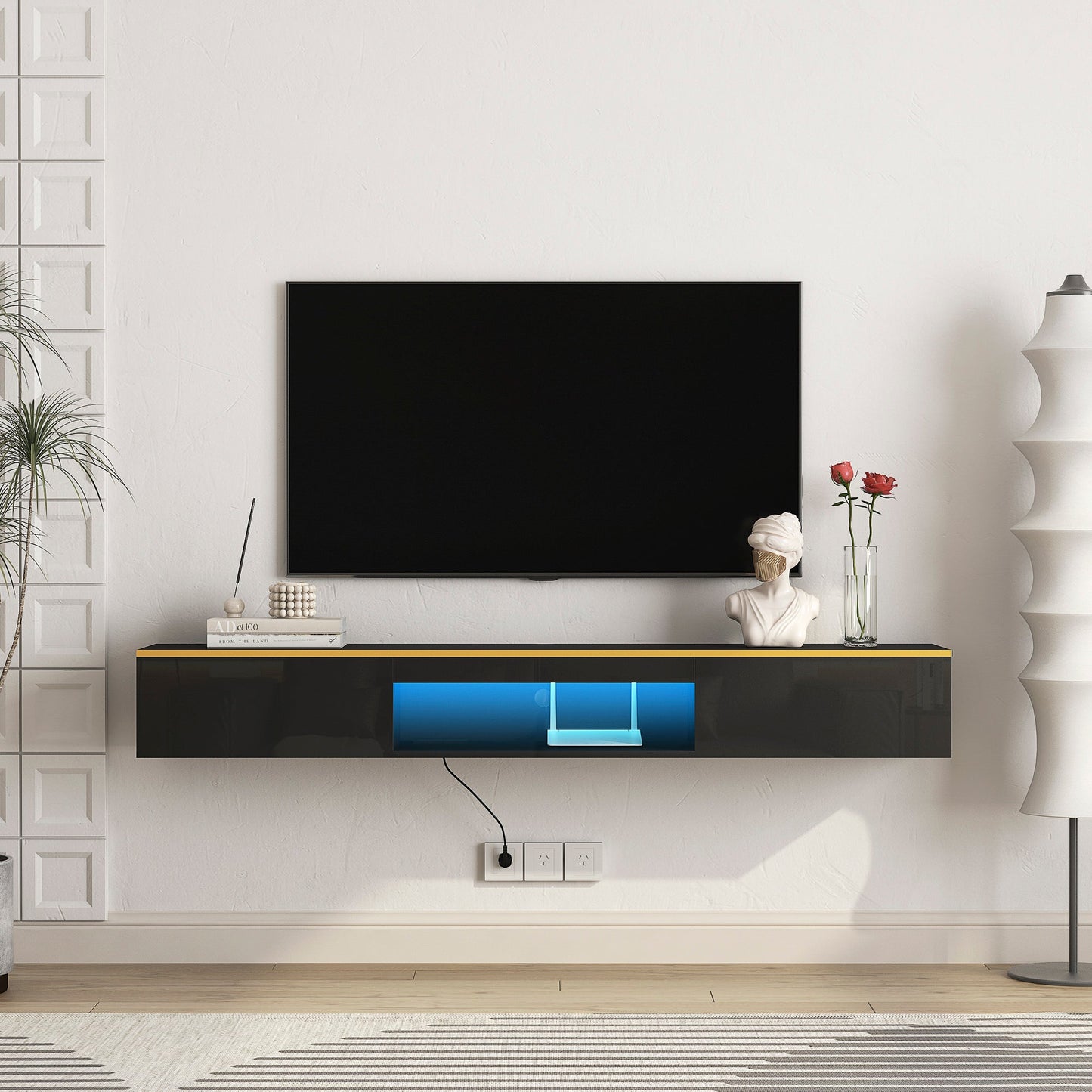 Floating TV Stand Wall Mounted with 16 Color LEDs,69' Modern TV Stand, Floating TV Cabinet Entertainment Center for 55 60 65 Inch TV,Black