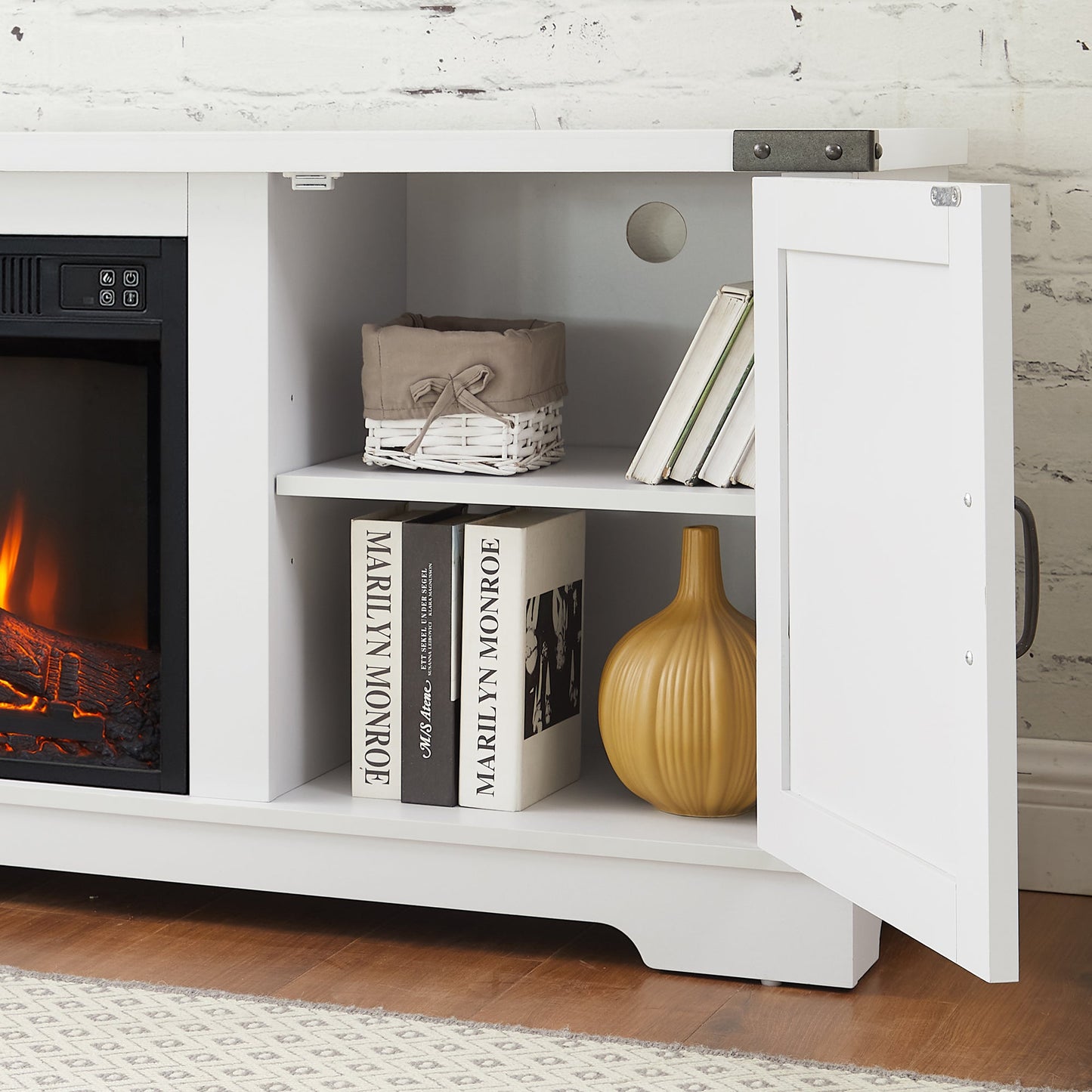 Modern Farmhouse TV Media Stand, Large Barn Inspired Home Entertainment Console, with 23' Fireplace Insert, for TV Up to 70'', with Open Shelves and Closed Cabinets, White, 64.8'W*15.67'D*24.29'H