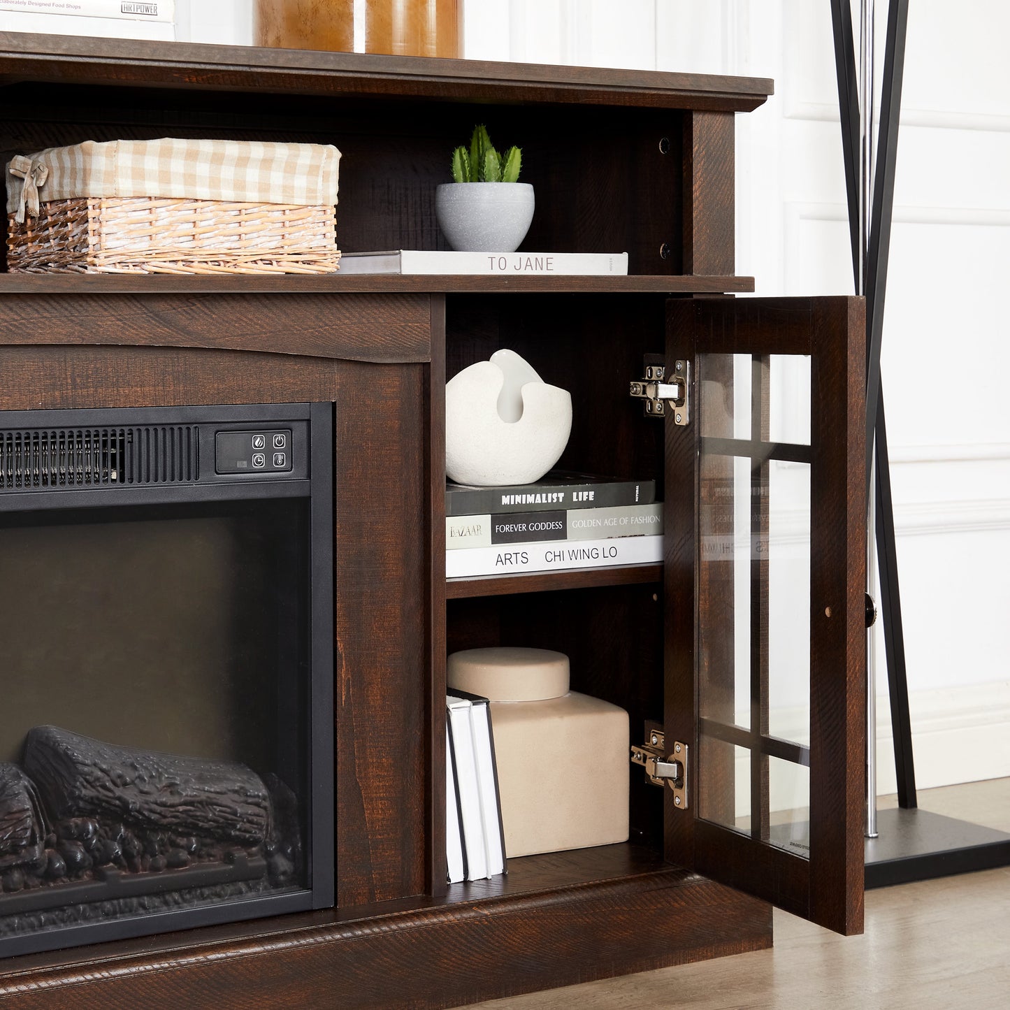 Classic TV Media Stand Modern Entertainment Console with 23' Fireplace Insert for TV Up to 65' with Open and Closed Storage Space, Espresso, 58.25'W*15.75'D*32'H