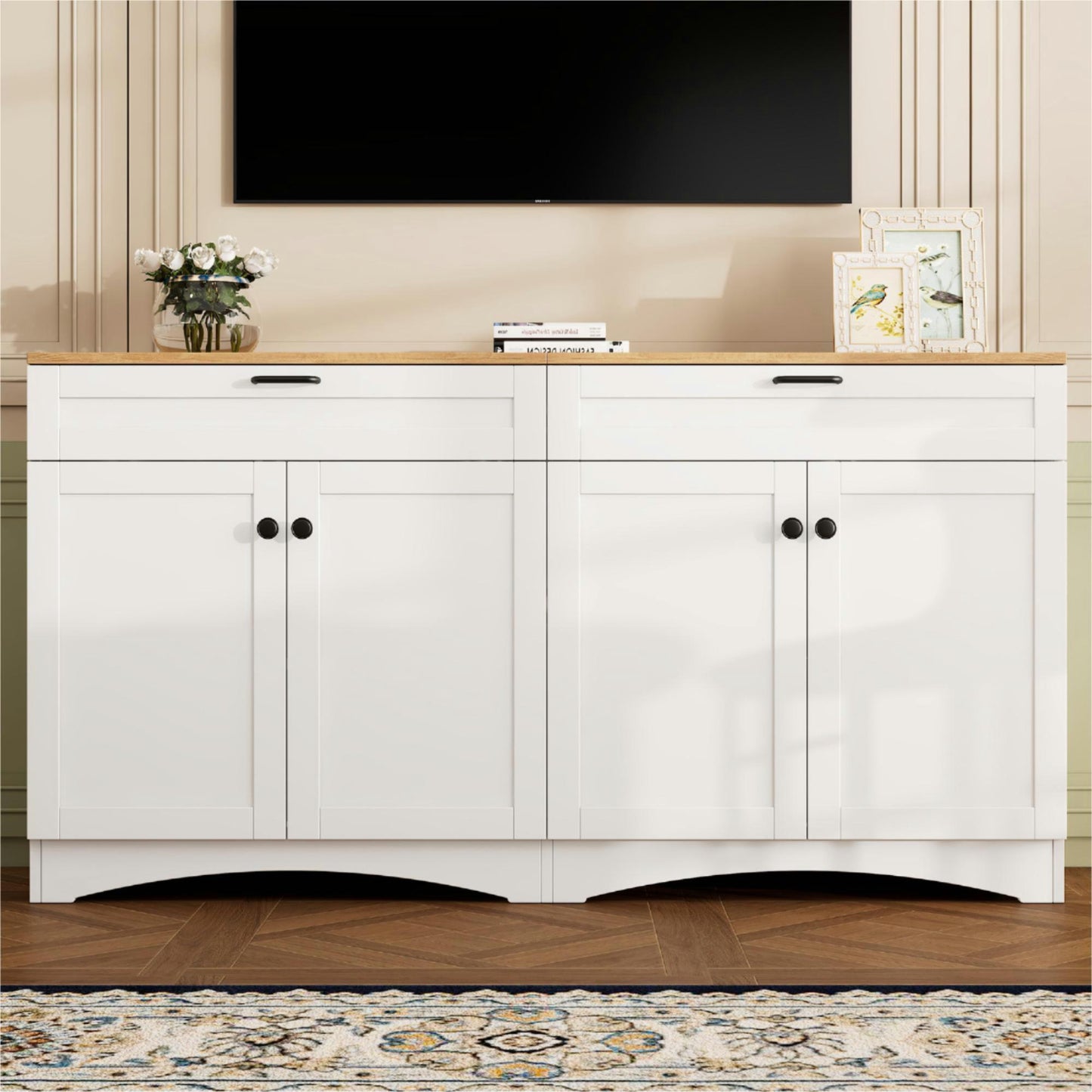ON-TREND Farmhouse TV Stand with 2 Drawers for TVs Up to 70', Versatile Wood Grain Sideboard with Adjustable Shelves, Mid-Century Buffet Cabinet with Rustic Handles for Living Room/Bedroom, White