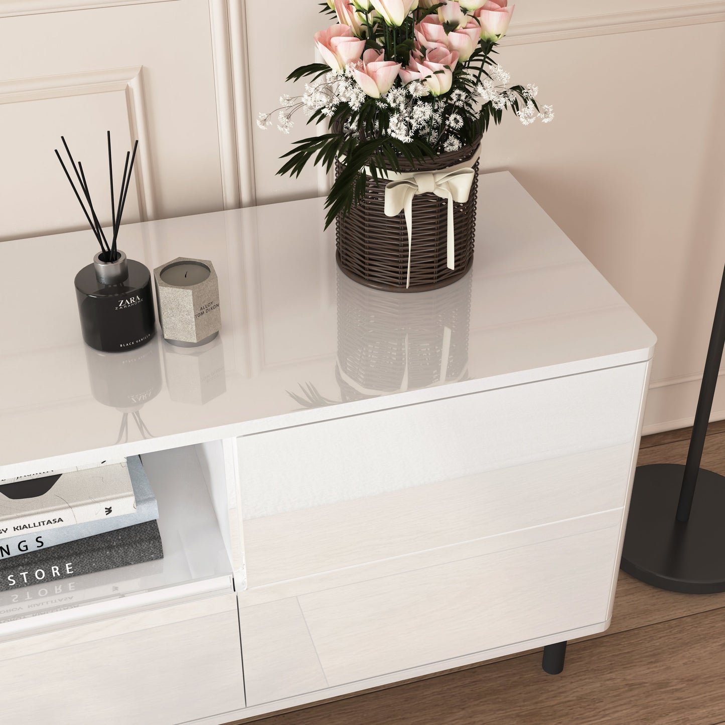 High Gloss Panel Modern TV Console, TV Stand, Entertainment Center with Storage Shelves,TV Cabinet for Living Room, Bedroom, Cloud White 63x15.74x19.68 inch