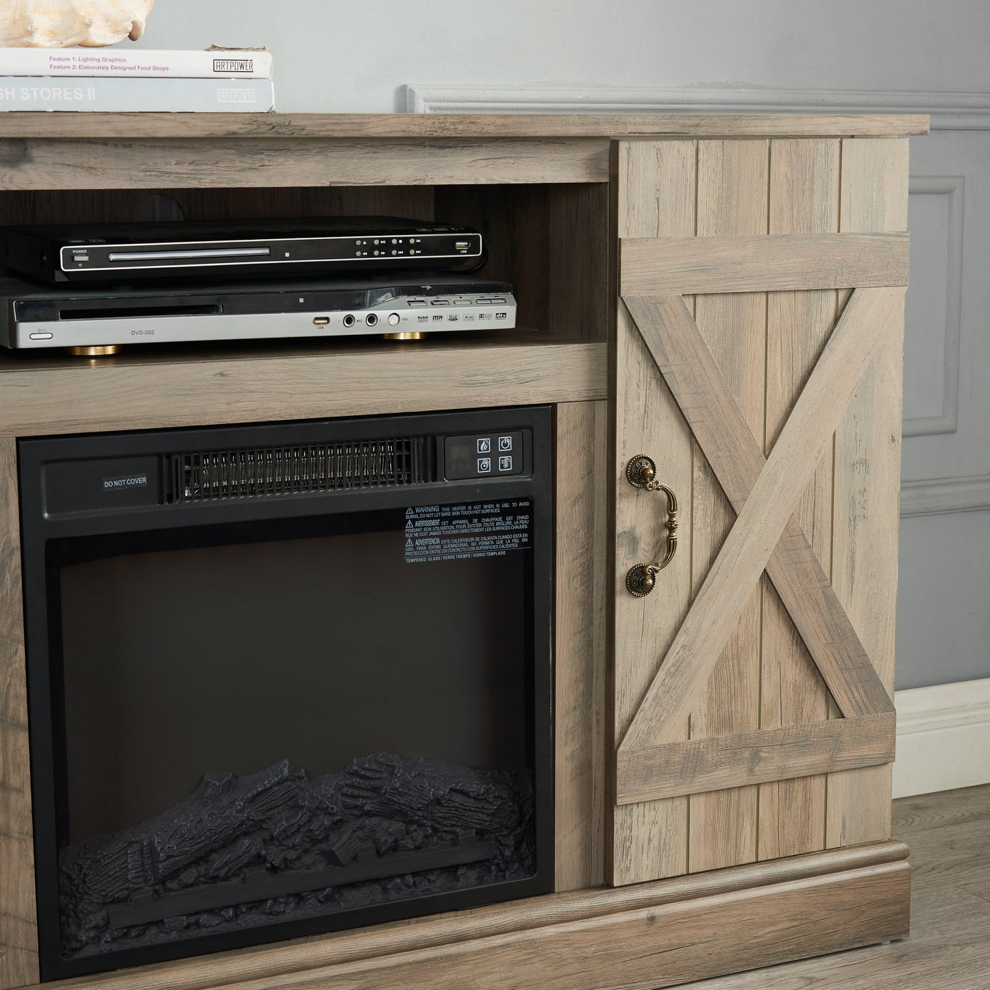 American retro Farmhouse Classic Media TV Stand Antique Entertainment Console with 18' Electric Fireplace Insert for TV up to 50' with Open and Closed Storage Space, Gray Wash 47'W*15.5'D*30.75'H